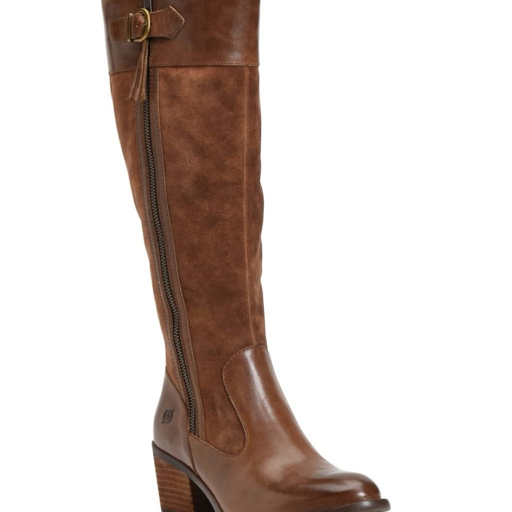 Born Distressed Brown Leather Knee-High Boots, Double sided zipper with Buckle
